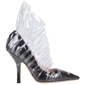 Black patent pumps with transparent cellophane pvc wrap and 105mm spiked heel